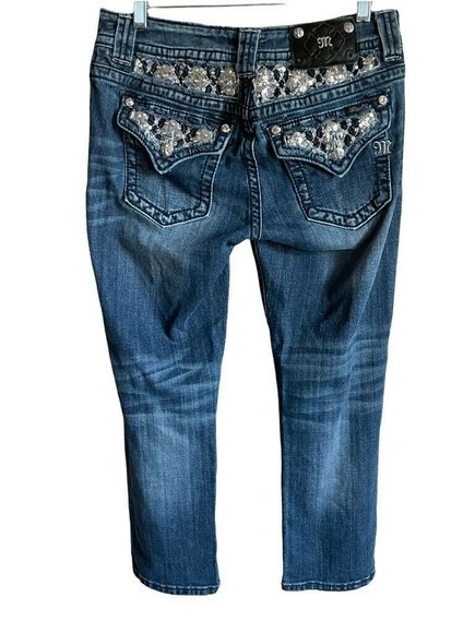 Miss Me Capri SZ 28 Embellished Bling Womens Cropped Blue Denim Jeans - Picture 2 of 12